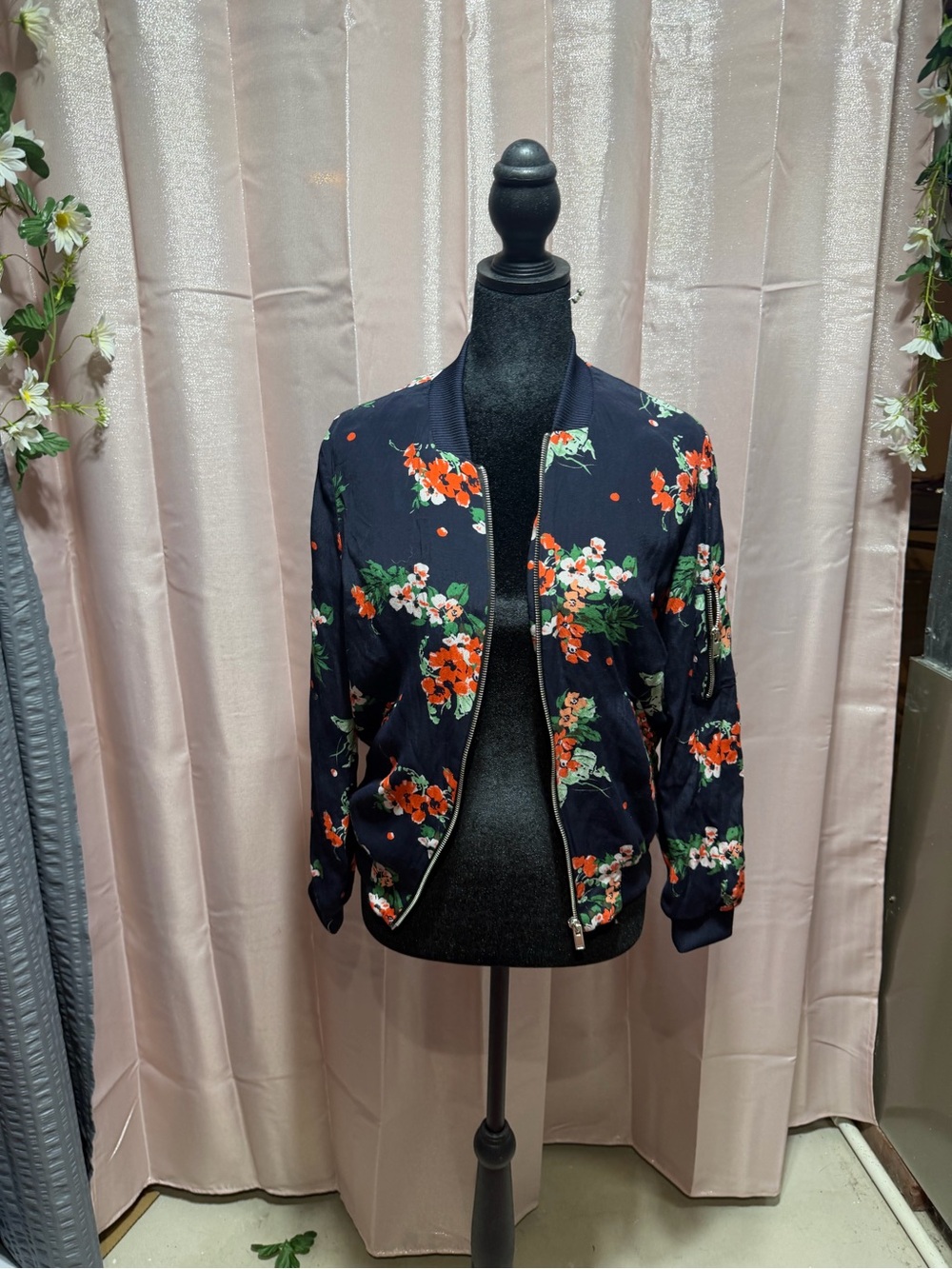 Zara Floral Bomber Jacket - Navy with Red & Green Floral Print